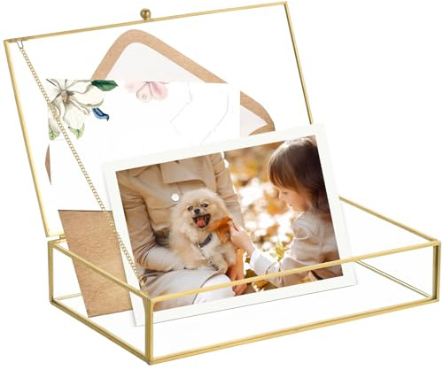 AMGSH Golden Vintage Glass Keepsake Box | Trinket Box 5 x 7 Photo Cards Shadow Lidded Box Decorative Glass Box,Clear Rectangle Box Rings Bracelet Earring Jewelry Storage (8.66 x 5.12 x 1.81)