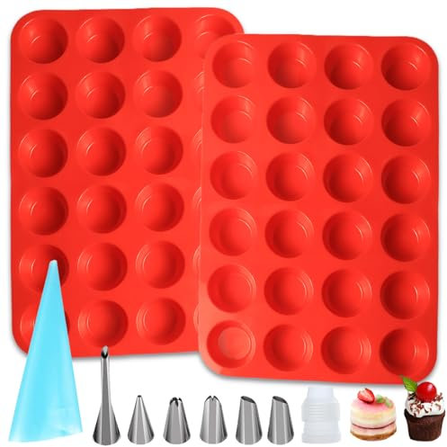 UZSUZZ Moldes de Silicona para Magdalenas, Molde Grande para 24 Muffins, Bandeja Antiadherente para Hornear Cupcakes, Muffins, Brownies y Pudin, Ideal para Repostería（Rojo）