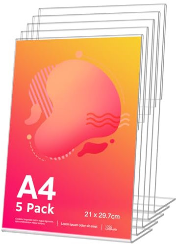Lot de 5 Porte Affiche Document A4, Forme en L Incliné en Acrylique Transparent, Présentoir de Comptoir, Publicité, Cadre Photo, Pancartes, Brochures, Dépliants, Menus, Affichage, Bureau, Magasin