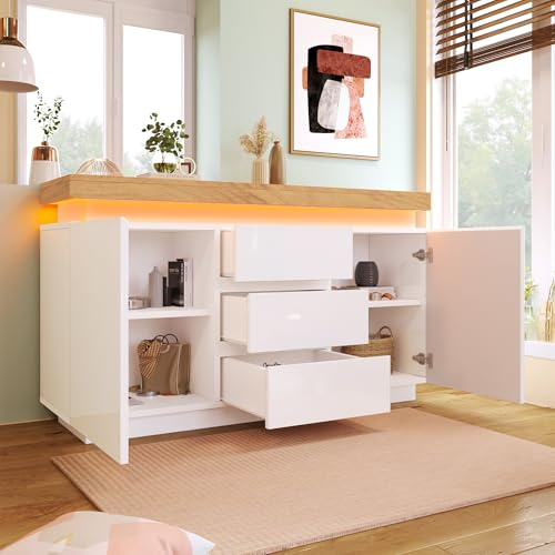 LANTRO JS Kommode Weiß Hochglanz 140cm Breit, Sideboard Weiss Hochglanz, Kommode Wohnzimmer mit 2 Türen und 3 Schubladen, LED Beleuchtung, App Control, 81x140x39cm