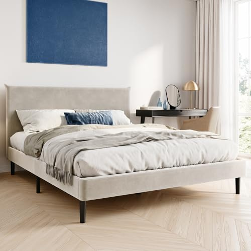 Home Collective Bett 160x200 und 160x200 cm Polsterbett mit Lattenrost Bettgestell Doppelbett mit weichem Cordbezug und gepolstertem Kopfteil Robustes Gestell hoher Liegekomfort Beige 160x200 cm