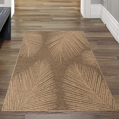 Teppich-Traum In- & Outdoor Teppich Palmenblätter Beige Braun 60x180 cm | Pflegeleicht, wetterbeständig, strapazierfähig und langlebig, für Balkon, Terrasse, Garten, Wintergarten und Wohnbereich