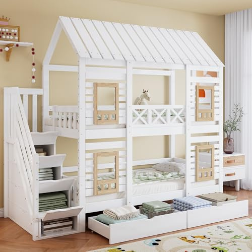 Kinderbett Etagenbett 90x200 für 2 Kinder, Hochbett Hausbett mit Schubladen und Treppe mit 4 Ablagefächern, Funktionsbett Stockbett Stauraumbett Jugendhochbett mit Dach & Fenster, Ohne Matratze, Weiß