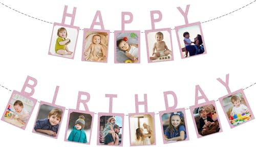 Geburtstag Girlande, Fotogirlande zum Geburtstag Happy Birthday | Hängende Foto Wanddekoration für Party Dekor Mädchen/Jungen, Happy Birthday Banner (Rosa)