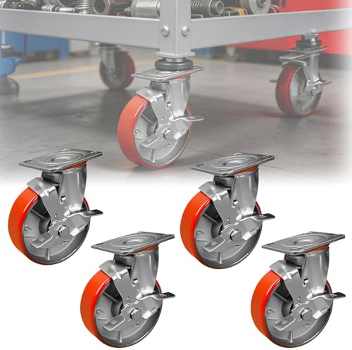 6 Industrial Heavy Duty Caster Set of 4, Noiseless Polyurethane Wheels on Steel Hubs, 4800 Lbs Capacity, Swivel Plate Casters with Brakes for Workbench, Cart(2 Brakes & 2 Swivel)