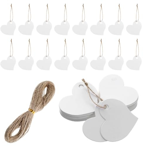 SHENLIU 100 Stück Weiße Geschenkanhänge, Herz Papier Geschenkanhänger Mit Juteschnur Hochzeit Herz Etiketten Weiße Kraftpapieranhänger Für Party Geburtstag Valentinstag Christmas