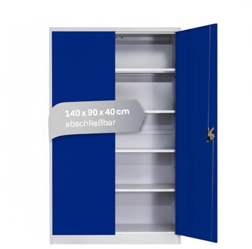 LagerZwei Mehrzweckschrank 140x90x40cm I Büroschrank mit 4 Fachböden I Aktenschrank blau-weiß, abschließbar I Allzweckschrank – Möbel für Arbeitszimmer I Praktischer Metallschrank I Werkstattschrank