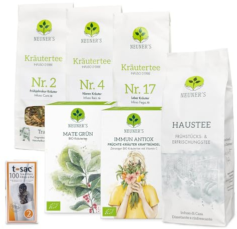 NEUNERs Entschlackungs Kur Tradition & Balance – 6er Bio-Kräutertee Set mit Teefiltern – Leber & Nieren Kur mit Mate Grün, Immun Antiox, Haustee & Traditionstees Nr. 2, 4 & 17