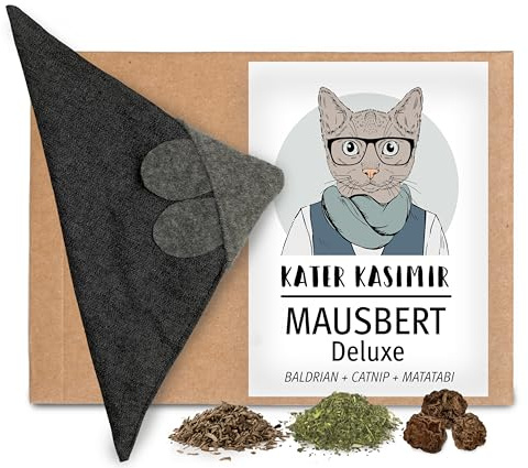 Kater Kasimir MAUSBERT Coussin douillet 2 en 1 souris pour chat Édition Deluxe avec herbe à chat bio, balériane bio et fruits Matatabi en un Fabriqué à la main en Allemagne