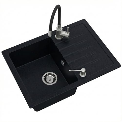 SINK QUALITY Spülbecken Komplettset in Schwarz gesprenkelt 68 x 49,5 cm - Spüle mit Wasserhahn, Seifenspender, Siphon und Imprägniermittel - Küchenspüle mit armatur für 45er Unterschrank