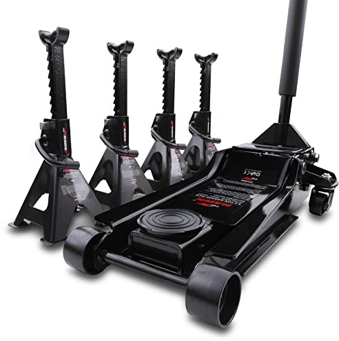 Hawk 3.0 Tonne Hydraulic Trolley Car Jack 4x Lockable Ratchet Axle Stand Kit | Stand: Height 282-424 mm | Jack: Height 80-520 mm, Item Weight 44 kg, Lift Limit 3,000 kg