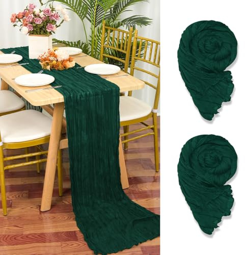 2 Stück Seihtuch Tischläufer Dunkelgrün,55 x 300 cm Grün Rustikaler Gaze Stoff Boho Tischläufer Käsetuch Cheesecloth Tischläufer Hochzeit Tischdecke für Hochzeitsfeier Brautparty Tischdekoration