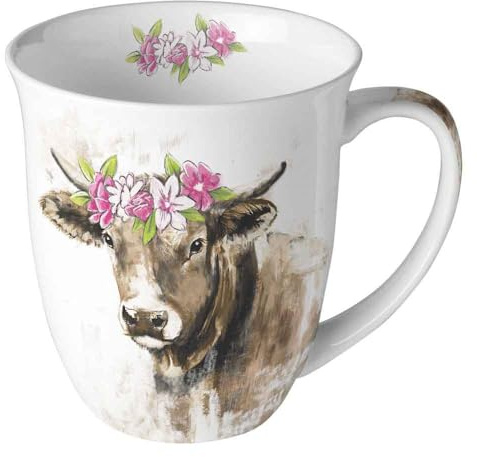 Ambiente porslinskopp, benporslin mugg med ko och blommor design, 400 ml, Ø 10 cm, höjd 10,5 cm, för te eller kaffe berta