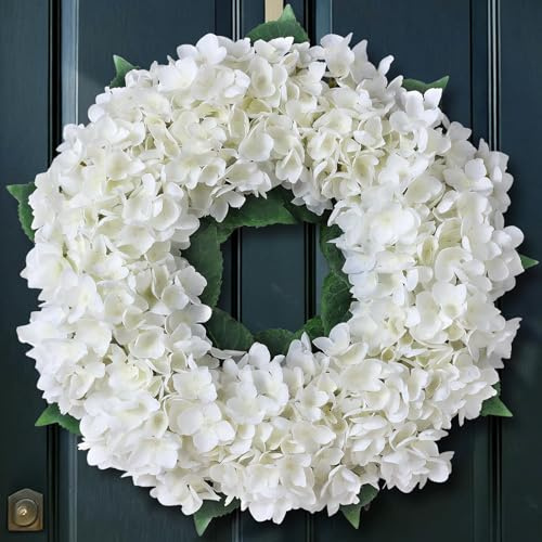 Weißer künstlicher Hortensienkranz für die Haustür – Frühlings- und Sommer-Blumenkranz aus Kunststoff, Blumenranken-Ringdekoration, Faux-Hortensienblätter für Feiertage, Party, Zuhause, Wand, Fenster