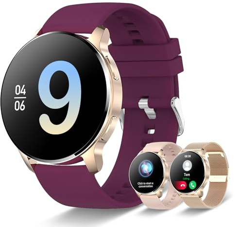 Montre Connectée Femme avec Appel Bluetooth, 1.32 Smartwatch avec Fonction Féminine Fréquence Cardiaque Sommeil Podometre SpO2 Pression artérielle, Etanche Montre Sport Ronde Android iOS (Bordeaux)