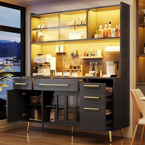 Huayz Küchenschrank Hochschrank mit LED & Arbeitsplatte, Buffetschrank Esszimmerschrank mitLochwand, Schublade & Glastür, Aufbewahrungsschrank Sideboard für Küche & Wohnzimmer, 145×39×171cm (Schwarz)