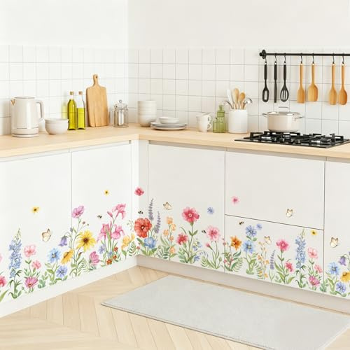 SHUCHING Adesivi Murali Fiori del Giardino, Adesivi da Parete Battiscopa Floreali per Camere Ragazze Camera da Letto Soggiorno Cucina