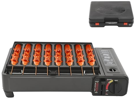 TONFEION Barbecue à gaz 2200 W avec plaque de cuisson à saucisses et sac de transport, réchaud de camping 42 x 26 x 11 cm (noir)