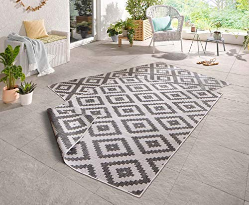 NORTHRUGS Alfombra de exterior reversible de Malta, resistente a la intemperie, moderno patrón geométrico, para balcón, terraza, jardín, jardín de invierno, salón, impermeable, polipropileno, gris,