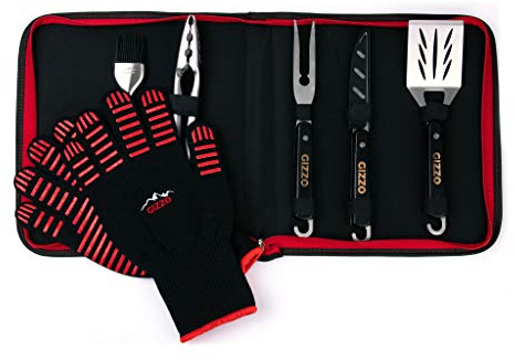 Gizzo Grillhandschuhe + Gizzo Grillbesteck 5-Set aus Edelstahl mit Holzgriffen | Grillzubehör: Grillzange, Grillwender, Grillgabel, Grillbürste & Grillmesser 28cm