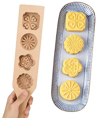 Wooden Mooncake Mold DIY 4 Flower Shapes Handmade Pastry Mold Festival Mould Press Molds Biscuit Cookie Cake Molds Pumpkin Pie Green Bean Mould for Home Kitchen Cake Shop Dessert Shop