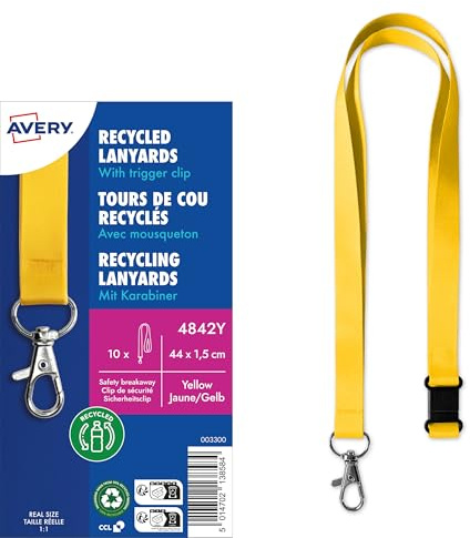 AVERY Zweckform 4842Y Lanyard 10 Stück (44x1,5cm, Kartenhalter mit Karabinerhaken-Sicherheitsverschluss, Schlüsselband für Ausweishülle, Kartenhülle, Namenschilder, Umhängeband, Nackenband) gelb