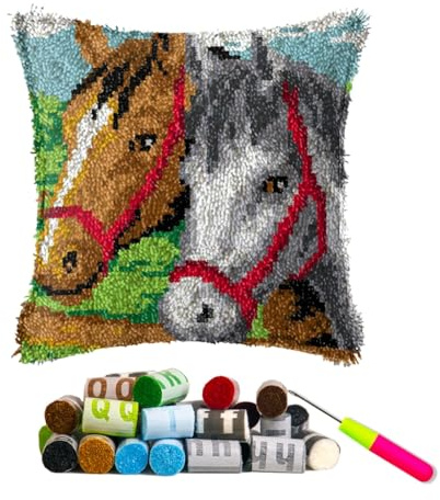 DIY Latch Hook Kits Yarn Kits Pillow Rug Pattern Arts and Crafts Crochet Needlework（Horse：16x16in/40x40CM）