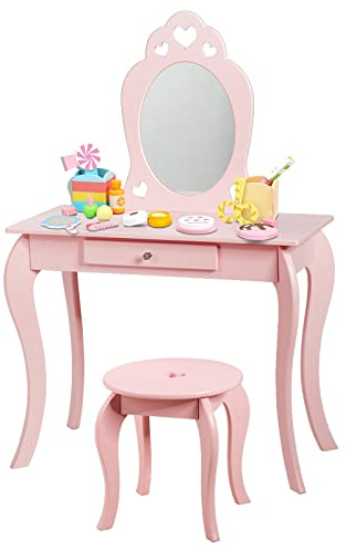 GOPLUS Sminkbord med avtagbar spegel och pall, toalettbord MDF och tallben, antitippskydd för stabilitet, med låda, sminkbord i lantlig stil för flickor (rosa)