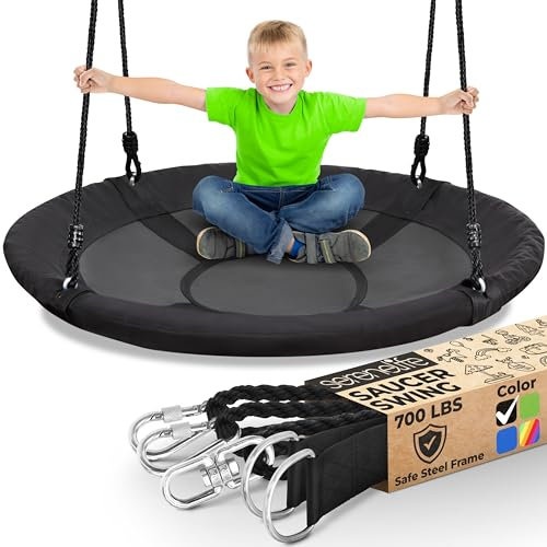 SereneLife Tree Swing Seat, Large Round Saucer Kids Swings, Adults and Kids Nest Swing, Durable Frame, 270kg Capacity, Indoor Outdoor Hanging Rope Swinging Seat for Backyard, Garden and More – Black