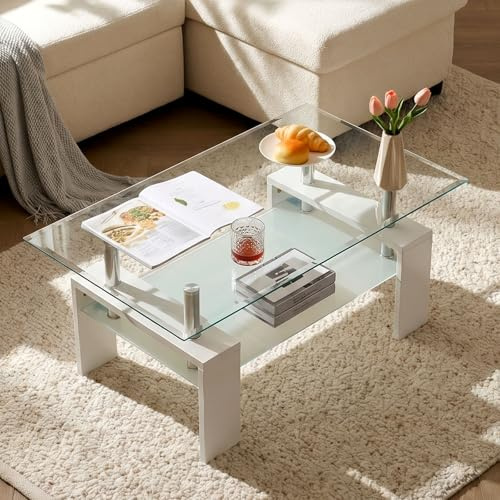 LEMROE Modern Rectangle Coffee Table with Metal Frame Tempered Glass White | 2-Tier Center Table with Wooden Legs, Sofa Side Table with Storage Shelves for Living Room Bedroom Office Balcony Furniture