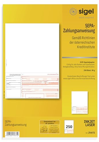SIGEL SEPA Überweisung Österreich A4 250 Blatt | ZV672, Zahlungsanweisung mit Beschriftungsvorlage