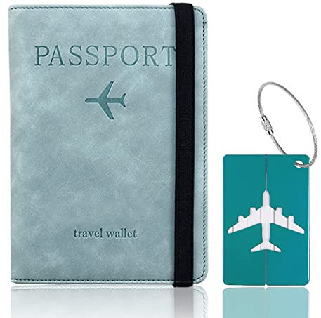 Toctax Reisepasshülle, Passhülle mit RFID-Blocker, Schutzhülle Tasche für Kreditkarten, Reisepass Geschenk Passinhaberdeckel Karteninhaber, Ausweis und Reisedokumente mit Kofferanhänger（Blau）