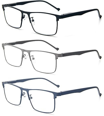 KoKoBin 3er-Pack Rechteck Lesebrille mit Federscharniere und blaulichtblockierende Lesebrille Leichtes Lesegerät für Herren und Damen mit Metallrahmen (3er-Pack, 1.5, diopters)