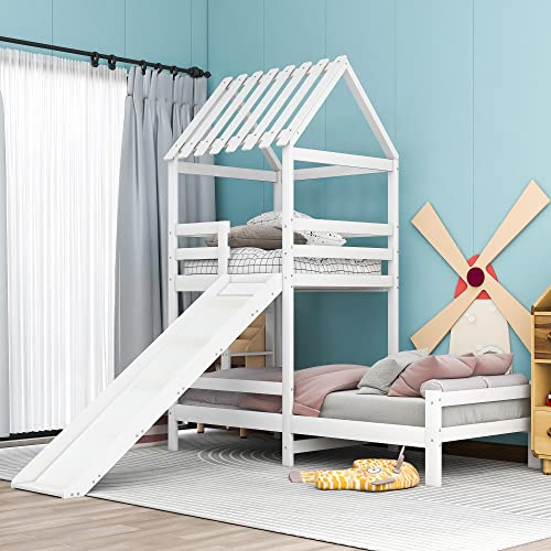 Kayan Rutschbett mit mit rechtwinkliger Leiter, Hausbett mit Dach, Kinderbett, Spielturmbett mit Fallschutz und Gitter, Rahmen aus massiver Kiefer, weiß (200x90cm & 100x90cm)