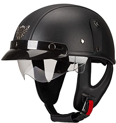 Deutsche Leder Motorrad Halbhelme Retro Halbschalenhelm Jet Helm mit Visier+Brille Schnellverschluss Schnalle für Cruiser Chopper Biker Moped ECE-Zulassung