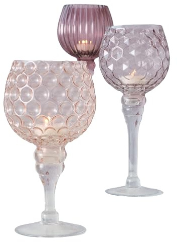 Cape Cod Kerzenhalter mit langem Stiel, 3er Set, durchscheinend, pfirsichfarben, rosa und Amethyst, gesteppt, Grübchen und geriffeltes Glas, 29,8 cm, 24,5 cm und 19,75 cm hoch