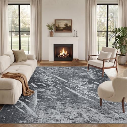 Vamcheer Machine Washable Rugs for Living Room - Modern Soft Faux Short Pile Area Rugs for Bedroom Dining Room Abstract Carpet for Office Kitchen Non Slip Non Shedding, 120x170CM, Black