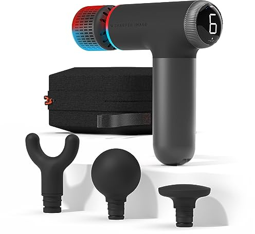 Sharper Image Powerboost Pro+ Appareil de massage compact à percussion chaud et froid, double nœud de température pour thérapie par le chaud et le froid, 6 vitesses, 4 accessoires, récupération