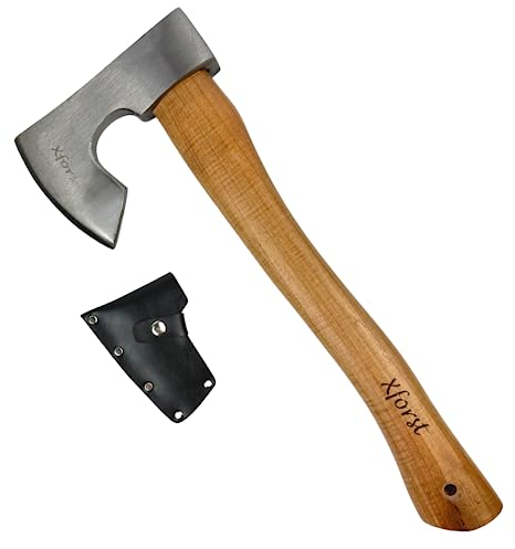 Xforst Axt, Wikinger, Survivor Beil aus geschmiedetem Karbonstahl | Handbeil mit Hickory Holzstiel und Schneidenschutz aus echtem Leder | 38 cm Länge, 0,75 kg Gewicht | Modell X-HX6