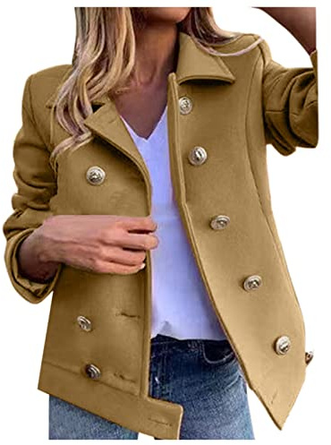 Womens Smart Casual Work Office Blazers Ladies Woolen Jackets Lightweight Long Sleeve Open Front Notched Lapel Double Breasted Formal Business Suit Jacket Coat Outwear Tops Khaki