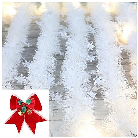 Yurosiay Weiß Schneeflocken Weihnachten Girlande 4m Künstliche Tannengirlande Mit 6 Stück Glockenschleife Weihnachtsbaum Girlande Bunt Schleifen Deko Girlande Winter für Fenster Türen Weiß 7#