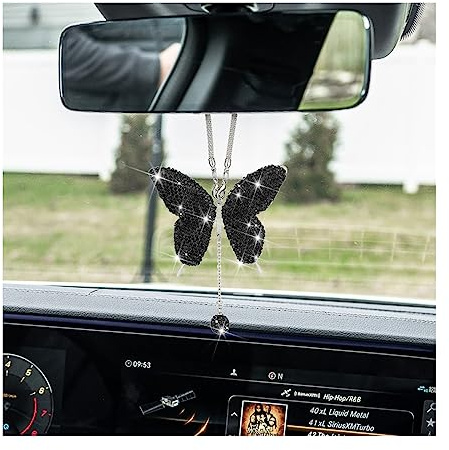 JNNJ Bling Schmetterling Diamant Anhänger für Rückspiegel, Kristall Auto Innenspiegel Hängend Charms, Ornamente Dekoration Anhänger Strass Zubehör für Auto(Schwarz)