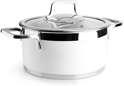 Lacor - 15416 - Buffet Saucepan with White Lid, 18/10 Stainless Steel, Sanded Interior Finish, Ergonomic Handles, Sandwich Thermodifuser Bottom, Suitable for Induction, Oven Safe, Ø16cm, White