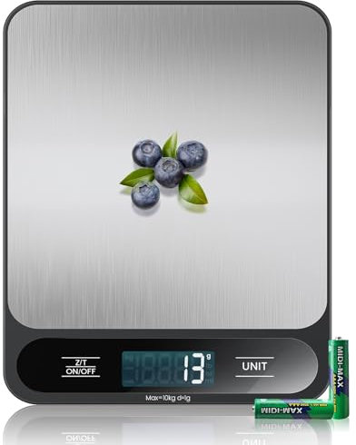 【10KG y Acero Inoxidable】Báscula de Cocina Digital, Electrónica Báscula de Alimentos con Función de Tara, Alta Precisión 1g/0.1oz, Fácil de Limpiar, Pilas Incluidas