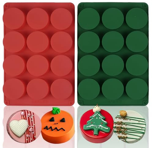SAGOOITS - 2 moldes redondos para galletas de chocolate, moldes de silicona de chocolate de 12 cavidades para Oreo cubierto, galletas, gelatina, mini pasteles y magdalenas (verde, rojo)