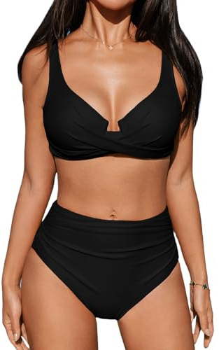 CUPSHE Damen Bikini Set Wickeloptik Crossover Bügel Push Up High Waist Bikini Bademode Zweiteiliger Badeanzug Swimsuit Schwarz XL