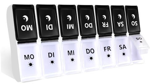 JANUIXCO Pillerbox 7 dagar morgon kväll – pillerlåda 7 dagar 2 fack avtagbar, fri från BPA – medicinlåda 14 fack, lätt att öppna, på språng (svartvit)