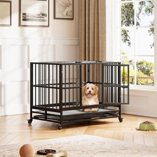 Robuster Hundekäfig, 94 cm, Doppeltür, 360° feststellbare Räder, abnehmbares Tablett, einfach zu montieren, Käfig für kleine, mittlere und große Hunde (94 x 59 x 75 cm)
