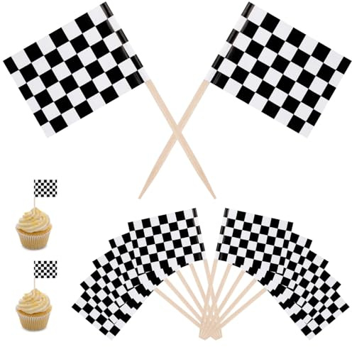 Ktxaby 100Pcs Mini Checkered Racing Flag,Black and White Racing Toothpick Flag,Finish Line Cupcake Toppers Party Decorations Picks for Sport Events Celebration Party Supplies