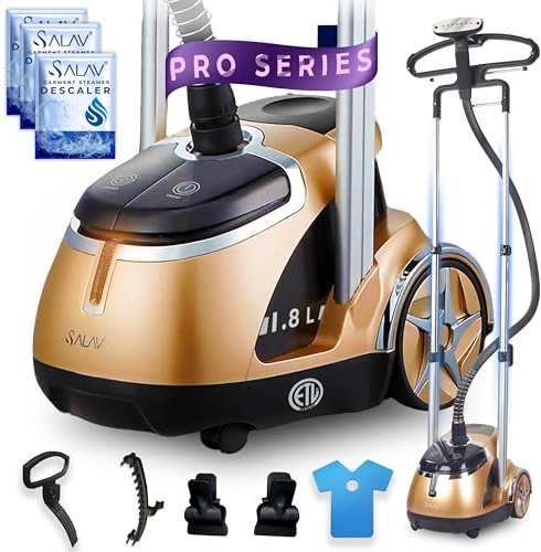 SALAV Deluxe Limited Edition Professional Series Dual Bar Garment Steamer with Foot Pedals & 3 Decalcifier Packets, Stainless Steel Plate, Retractable Cord, 1.8L Tank, 1500 watts, 60+mins of Steam